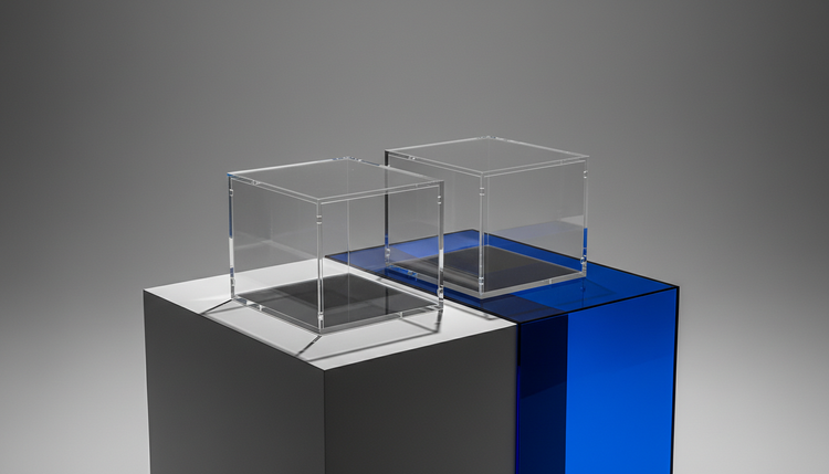 Two clear acrylic display cases on a graphite and electric-blue pedestal